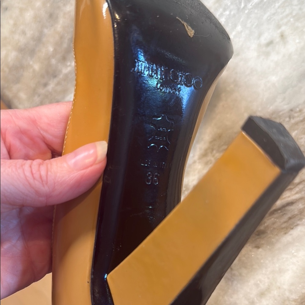 Jimmy Choo Tan and Black Peep patent leather Toe Heels - Picture 7 of 12